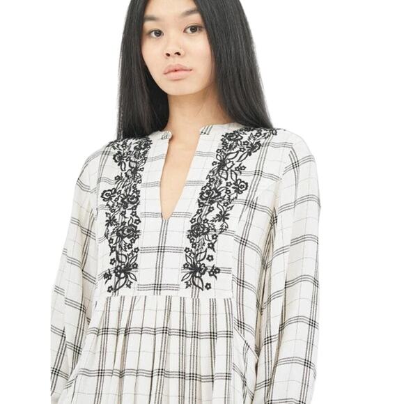NWT Zara Off White Check Plaid Embroidered Dress Long Sleeve High Neck Pockets M - Picture 2 of 16